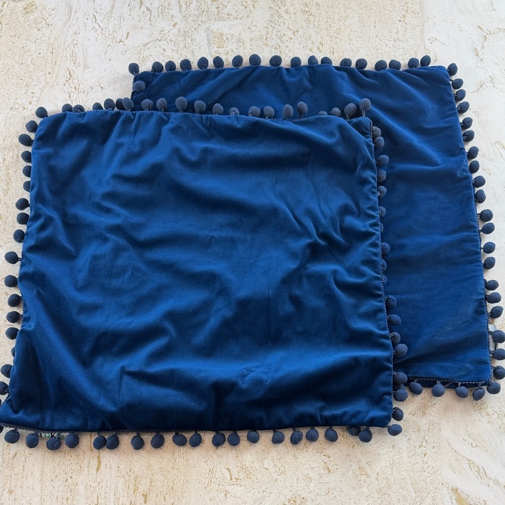 NWOT (2) Pillow Covers Navy Velvet with Pom Pom Accent soft, classic, fun